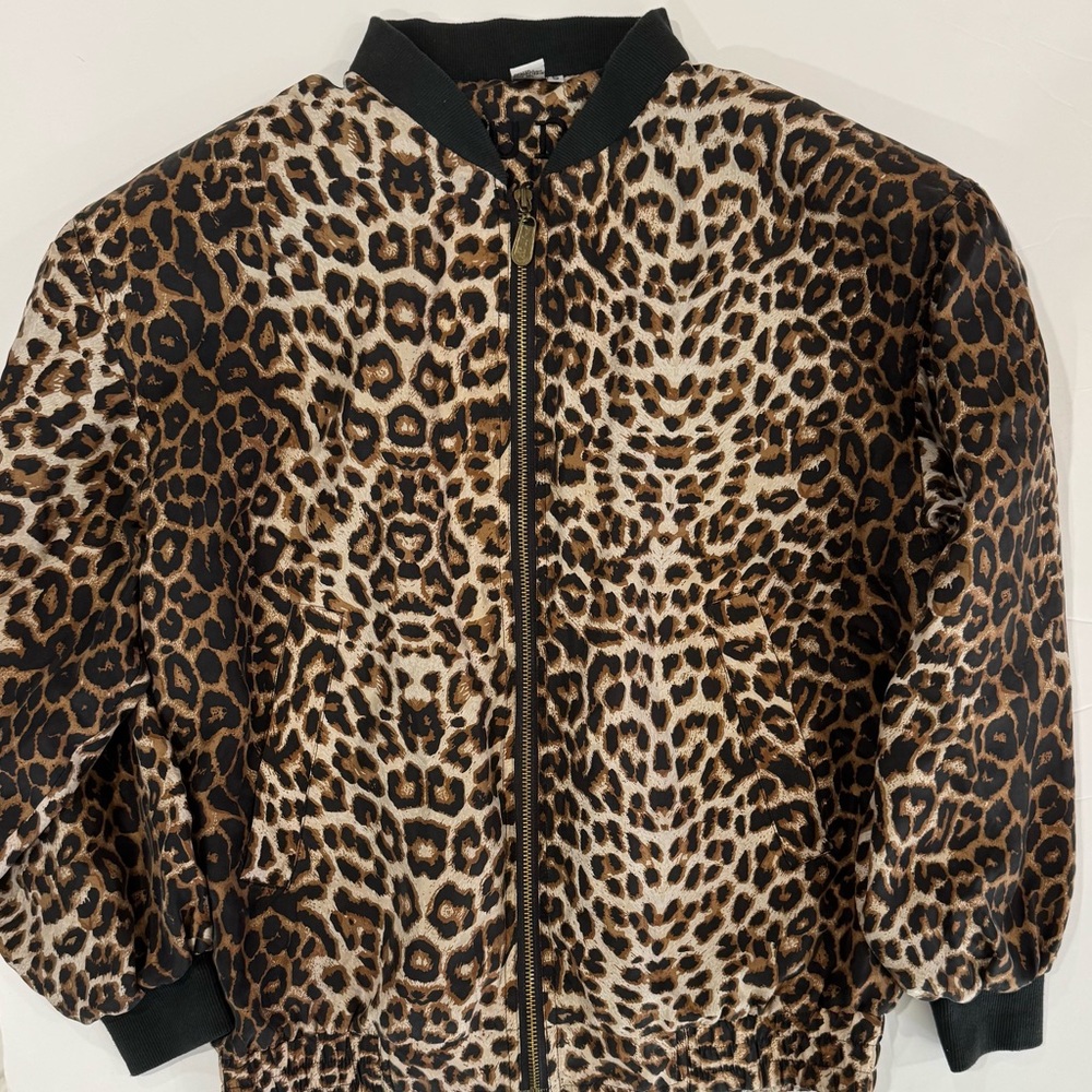 Vintage Fuda International 100% Silk Leopard Bomber Jacket Y2K Size S